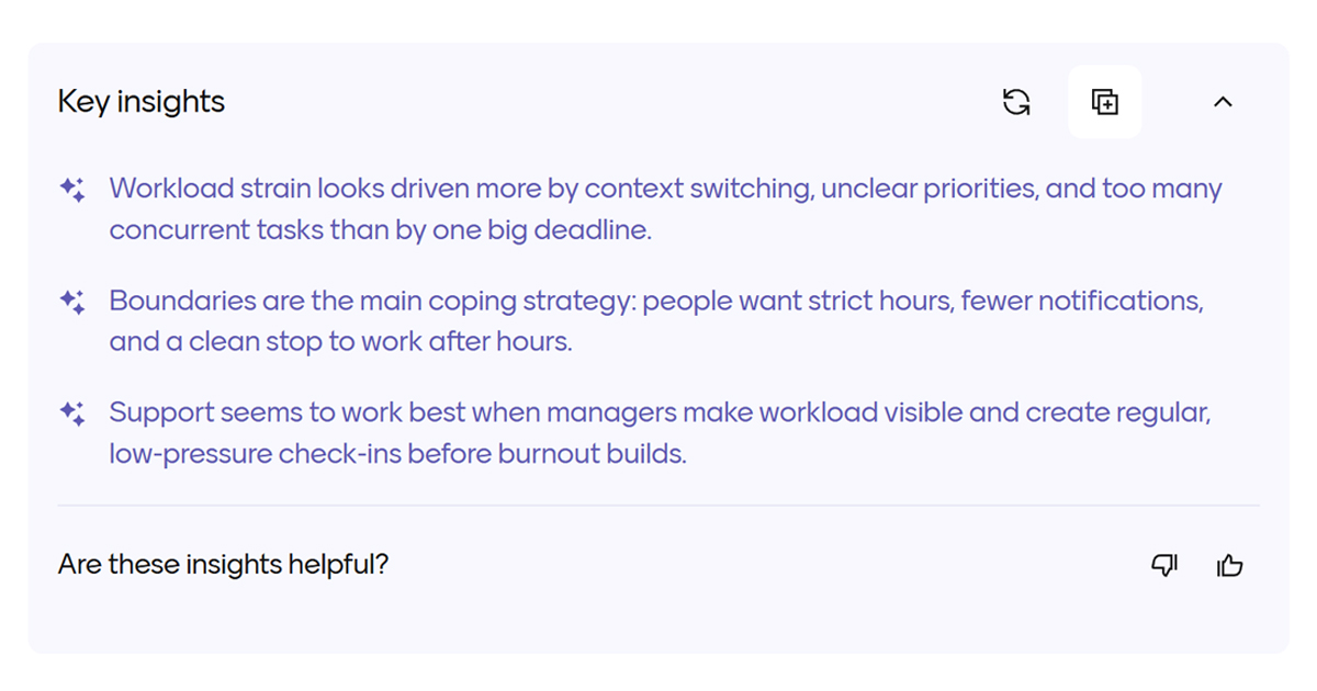 A screenshot of Mentimeter insights from a set of questions