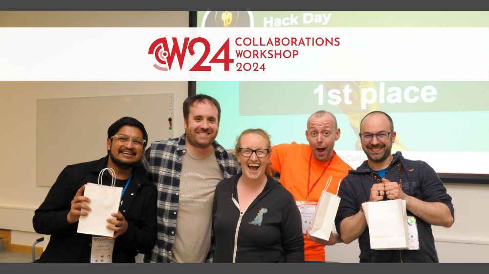 A photo of five people receiving a prize below the 2024 Collaborations Workshop logo.